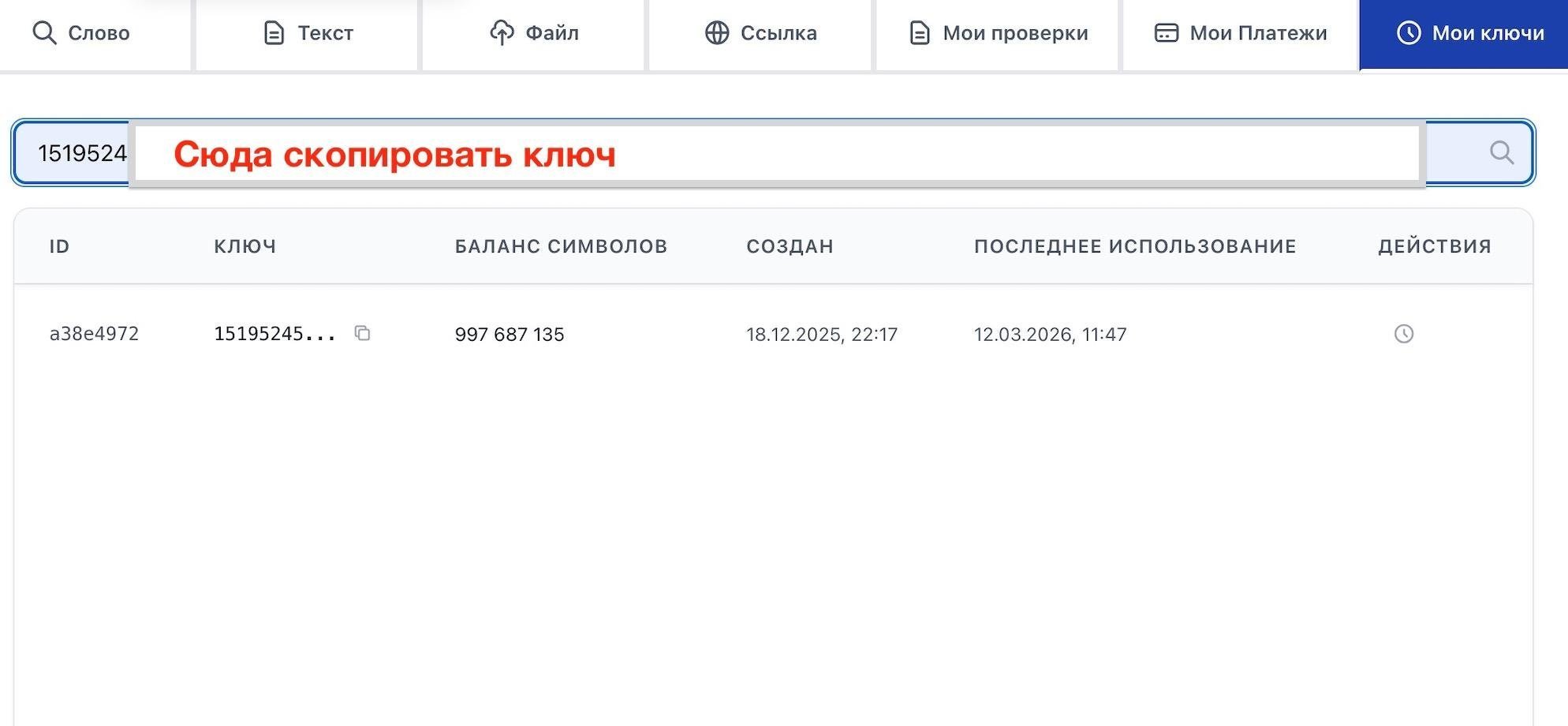 НормаСлов (NormaSlov) позволяет проверить историю и отследить баланс символов